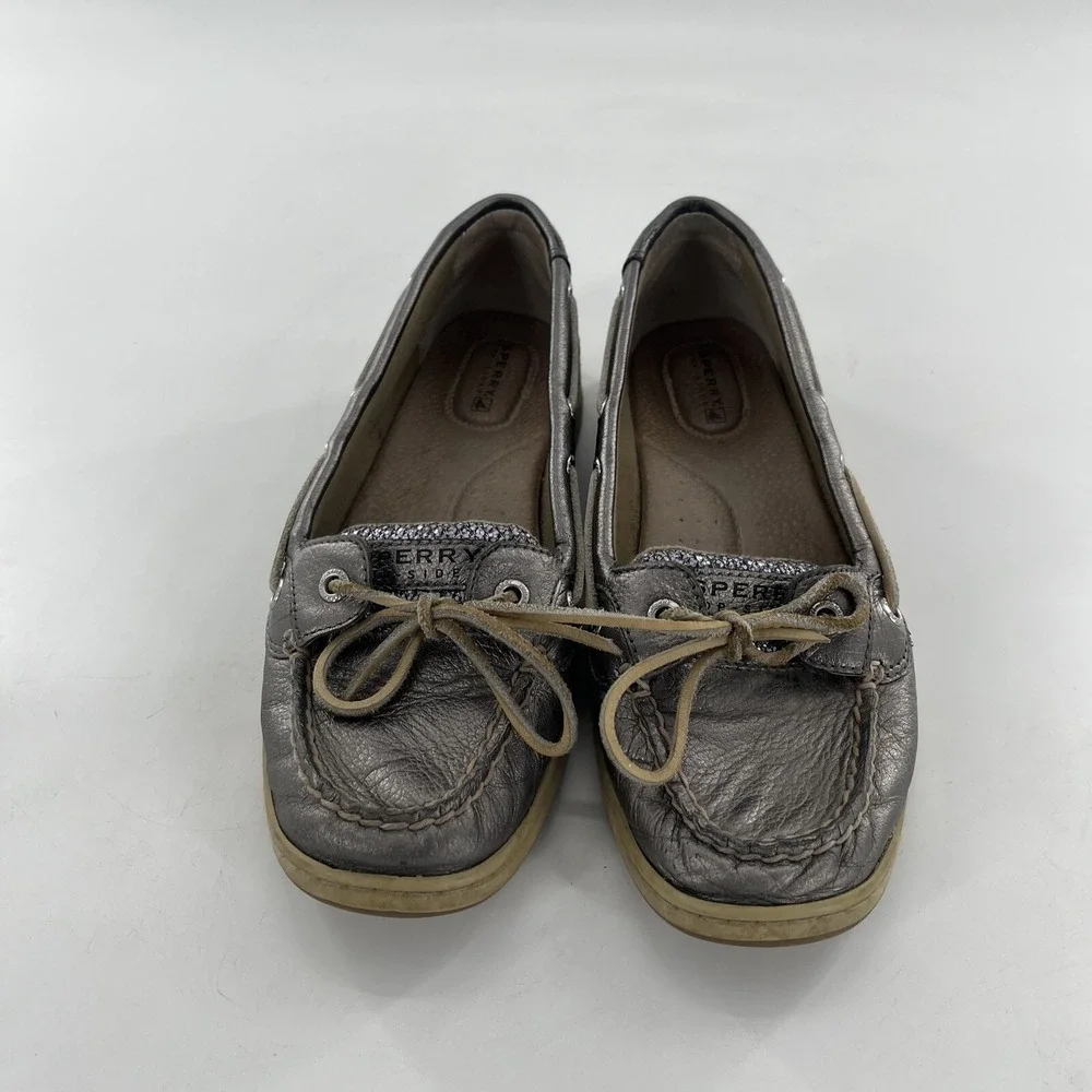 Sperry Angelfish Top-Sider Women 9 Silver Leather Shimmer Boat Shoe Preppy Deck‎